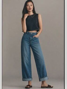 Pilcro by Anthropologie High-Rise Cotton Slouchy Wide-Leg Cuffed Jeans Size 29